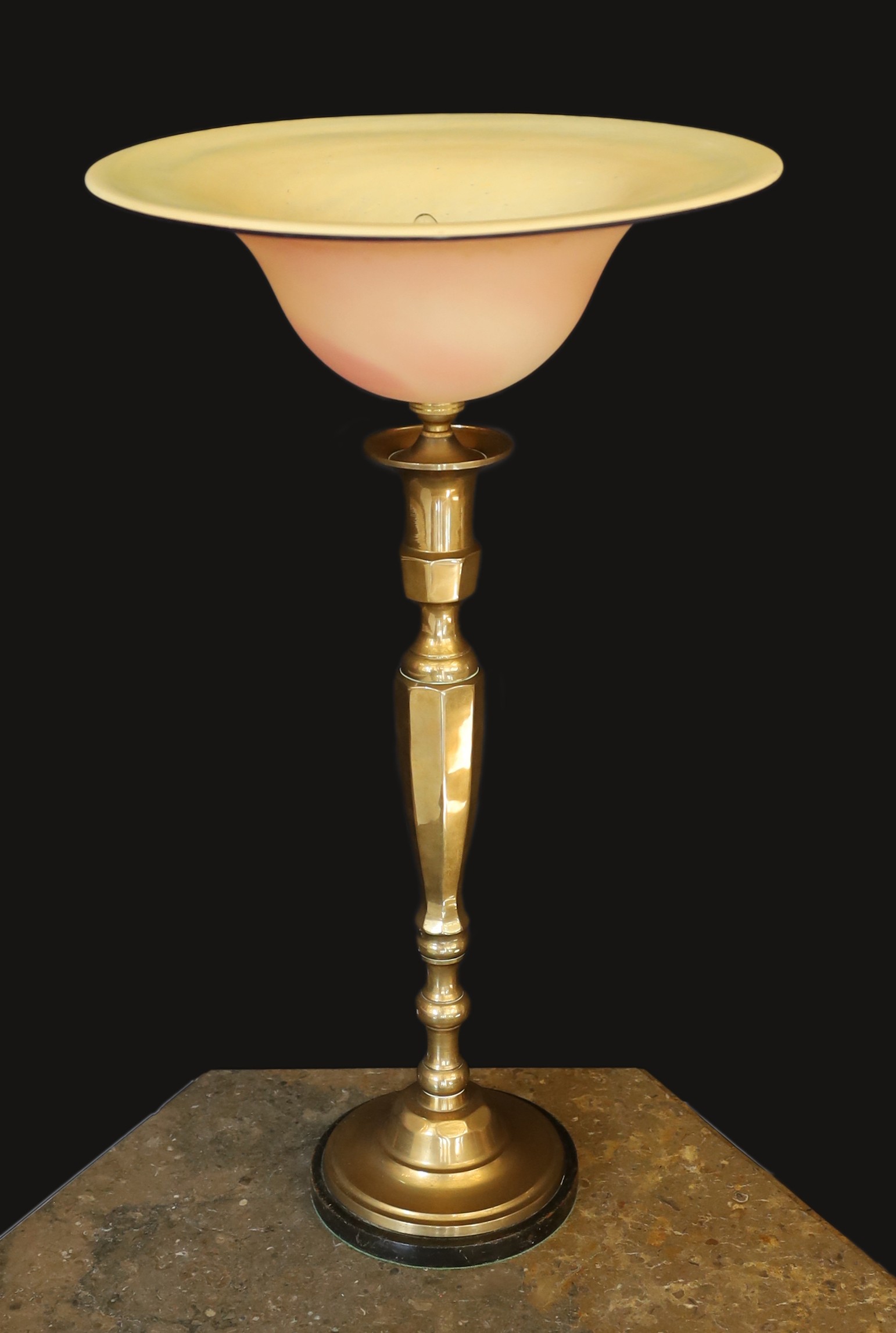 A 1960s brass table lamp with marbled glass ‘pate de verre’ shade, height overall 66cm